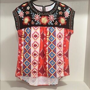 Black and Orange Graphic Cap Sleeve Blouse with Bib Collar